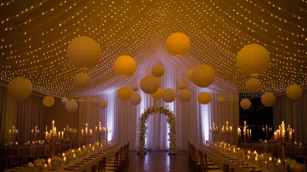 Vue nocturne magique d'une décoration mariage avec éclairage romantique sophistiqué, plafond de salle de réception orné de centaines de guirlandes lumineuses LED blanc chaud créant un ciel étoilé, suspensions de lanternes en papier blanc et doré de tailles variées, bougies piliers disposées sur rebords de fenêtres et étagères, candélabres hauts avec bougies sur chaque table, éclairage indirect LED derrière voilages blancs, spots dirigés vers arche florale