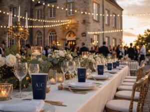 Réception élégante en château avec gobelet personnalisé mariage bleu nuit