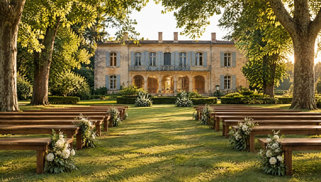 Cérémonie laïque en extérieur avec bancs en bois disposés le long de l’allée